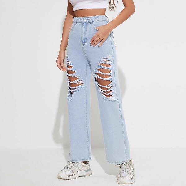 

High Waist Ripped Straight Leg Jeans, Light wash
