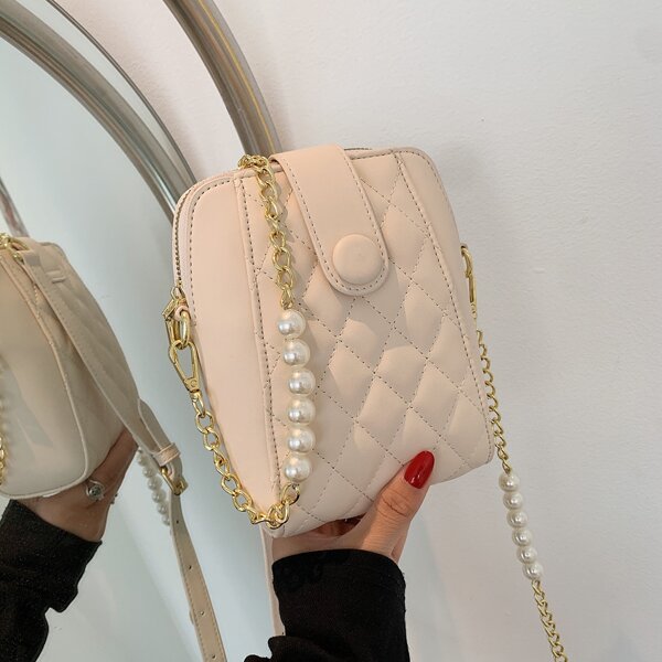 

Faux Pearl Decor Quilted Chain Crossbody Bag, Beige