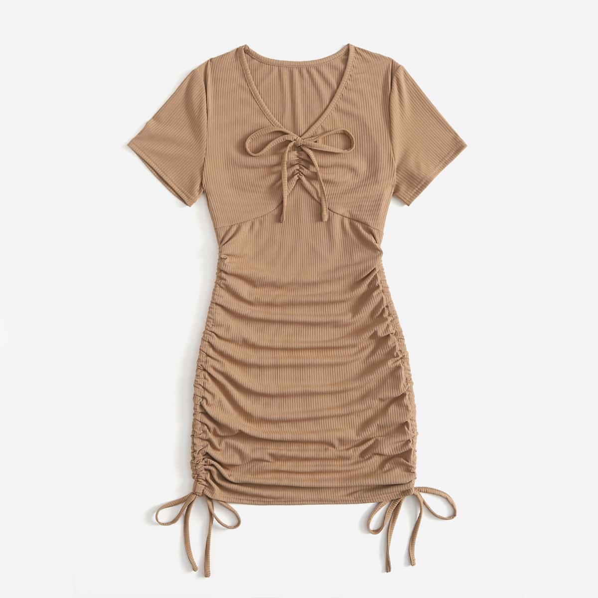 

Solid Drawstring Ruched Ribbed Dress, Coffee brown