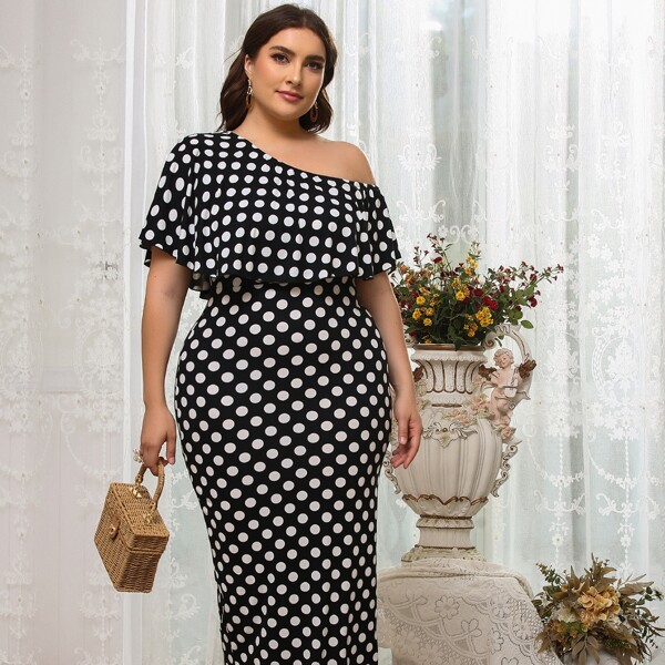 

Plus Polka Dot Asymmetrical Neck Dress, Black
