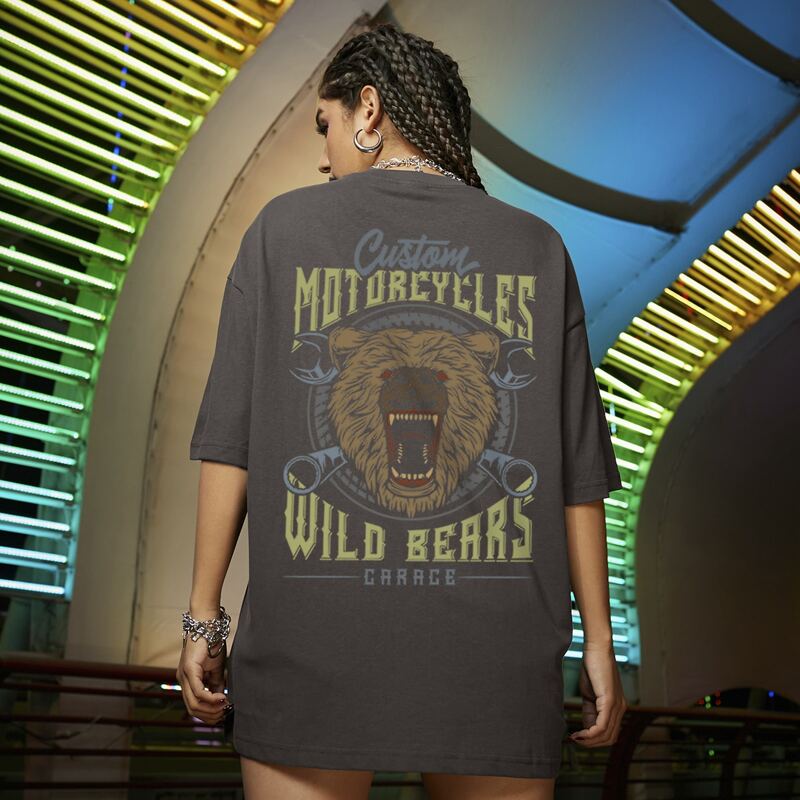 

Letter & Bear Print Drop Shoulder Oversized Tee, Dark grey