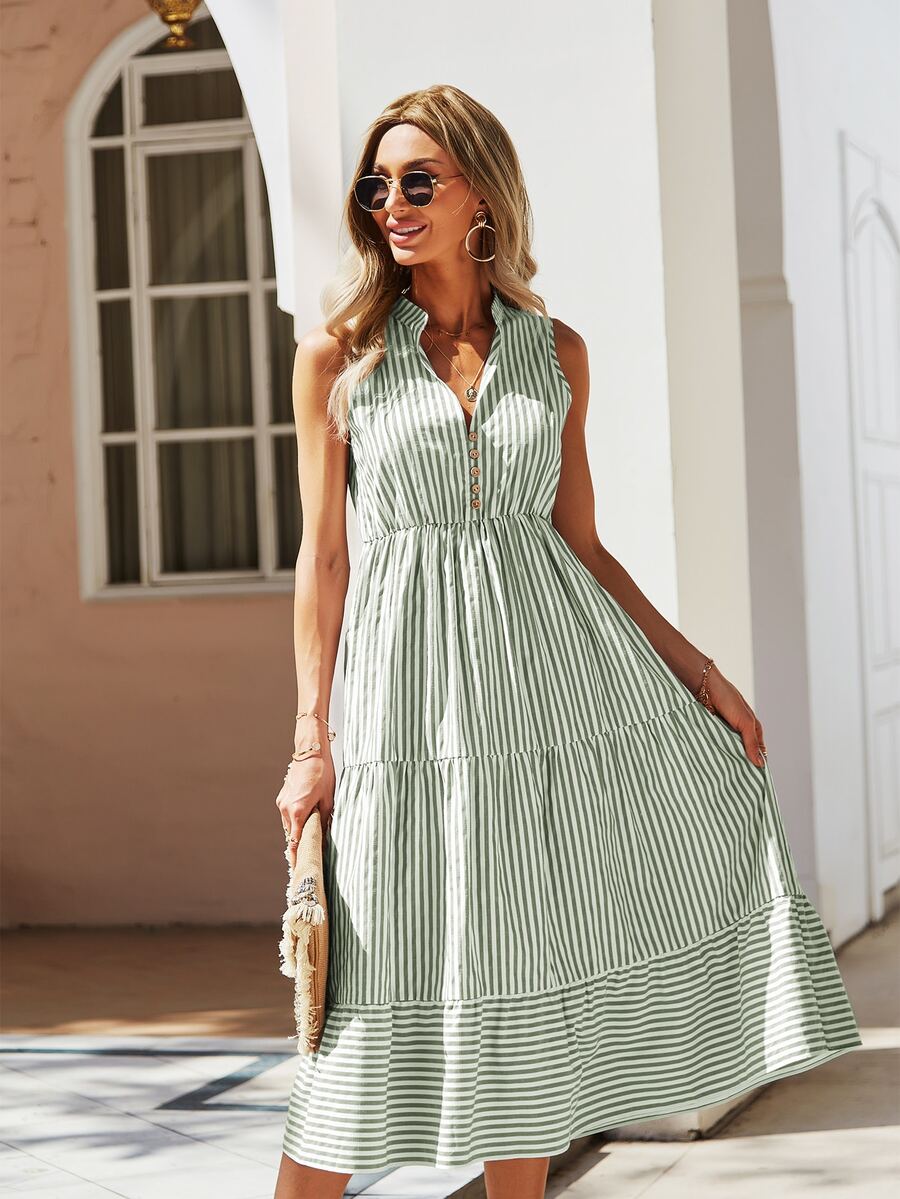 SHEIN Holidaya Striped Print Notched Neck A-line Dress - Green - View 1
