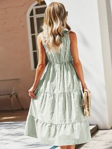 SHEIN Holidaya Striped Print Notched Neck A-line Dress - Green - View 2