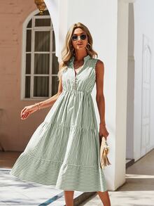 SHEIN Holidaya Striped Print Notched Neck A-line Dress - Green - View 3
