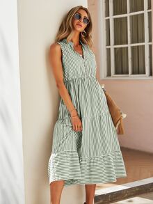 SHEIN Holidaya Striped Print Notched Neck A-line Dress - Green - View 4