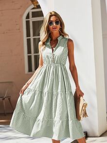 SHEIN Holidaya Striped Print Notched Neck A-line Dress - Green - View 5