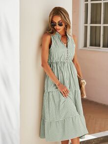 SHEIN Holidaya Striped Print Notched Neck A-line Dress - Green - View 6