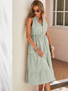 SHEIN Holidaya Striped Print Notched Neck A-line Dress - Green - View 7