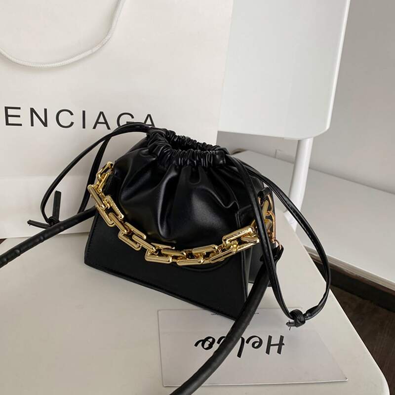 

Ruched Chain Satchel Bag, Black
