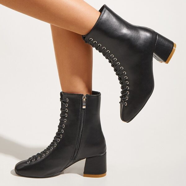 

Lace-up Front Chunky Heeled Boots, Black