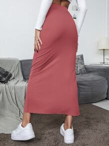 SHEIN Unity Váy Tách cao màu trơn Giải trí - Màu Hồng  Dưa hấu - Xem 2