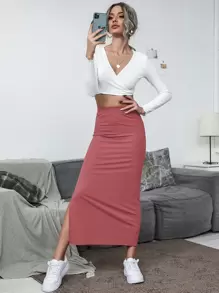 SHEIN Unity Váy Tách cao màu trơn Giải trí - Màu Hồng  Dưa hấu - Xem 3