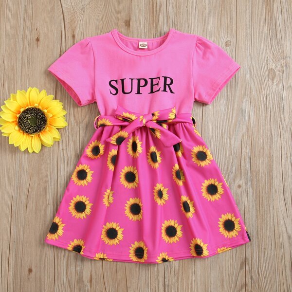 

Toddler Girls Letter And Sunflower Print Belted Dress, Pink