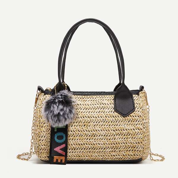 

Pom Pom Decor Straw Satchel Bag, Beige