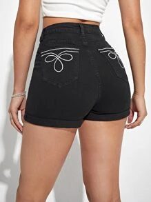 Shorts en mezclilla con bordado de flor con bolsillo oblicuo - Negro - Ver 1