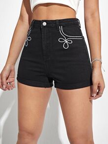 Shorts en mezclilla con bordado de flor con bolsillo oblicuo - Negro - Ver 3