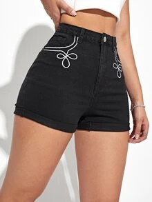 Shorts en mezclilla con bordado de flor con bolsillo oblicuo - Negro - Ver 4