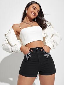 Shorts en mezclilla con bordado de flor con bolsillo oblicuo - Negro - Ver 5