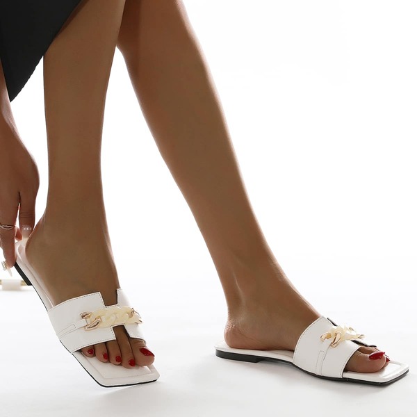 

Chain Decor Slide Sandals, White