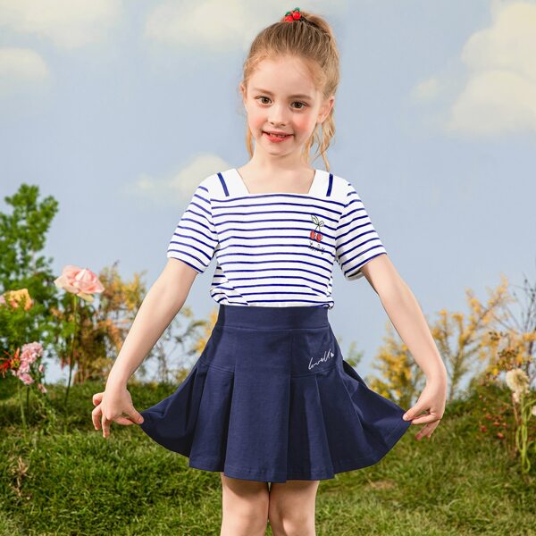 

Girls Striped Letter And Cherry Embroidery Square Neck Tee & Skirt, Blue