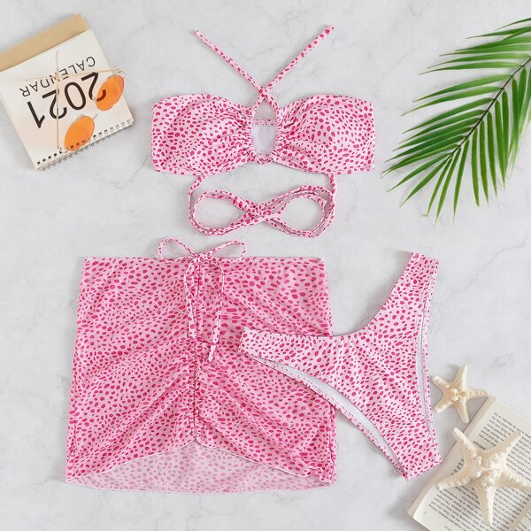 

3pack Dalmatian Criss Cross Bikini Swimsuit With Cover Up, Pink