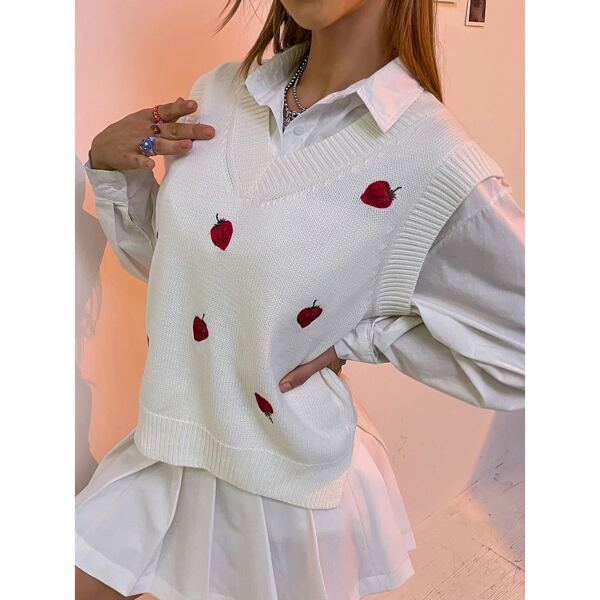 

V Neck Strawberry Pattern Sweater Vest Without Blouse, White