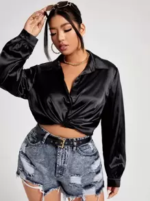 Celure 大碼素色前紐扣緞面襯衫 - 黑色 - 查看 1