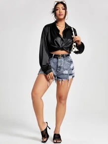 Celure 大碼素色前紐扣緞面襯衫 - 黑色 - 查看 3