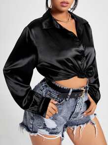 Celure 大碼素色前紐扣緞面襯衫 - 黑色 - 查看 5