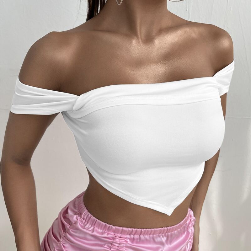 

Solid Off The Shoulder Hanky Hem Top, White