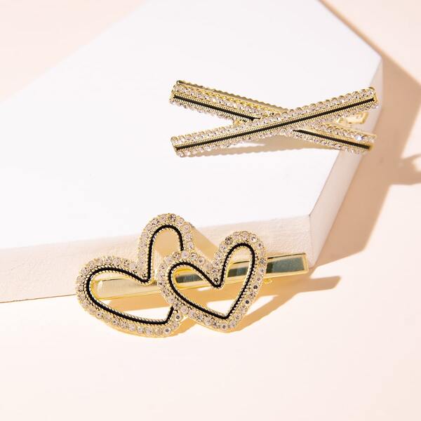 

2pcs Rhinestone Heart Decor Hair Clip, Gold