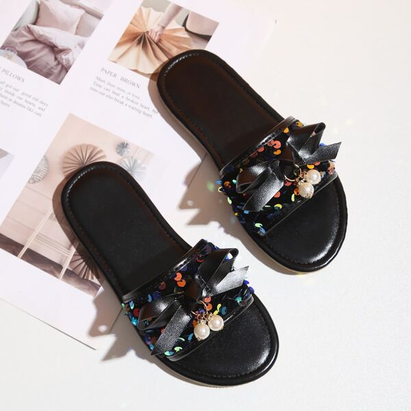

Girls Bow Decor Sequin Slippers, Black
