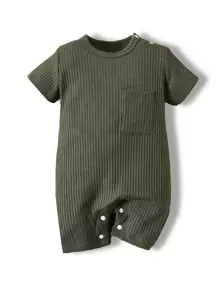 Bebé niño Mono con bolsillo delantero tejido de canalé - Verde Oscuro - Ver 1