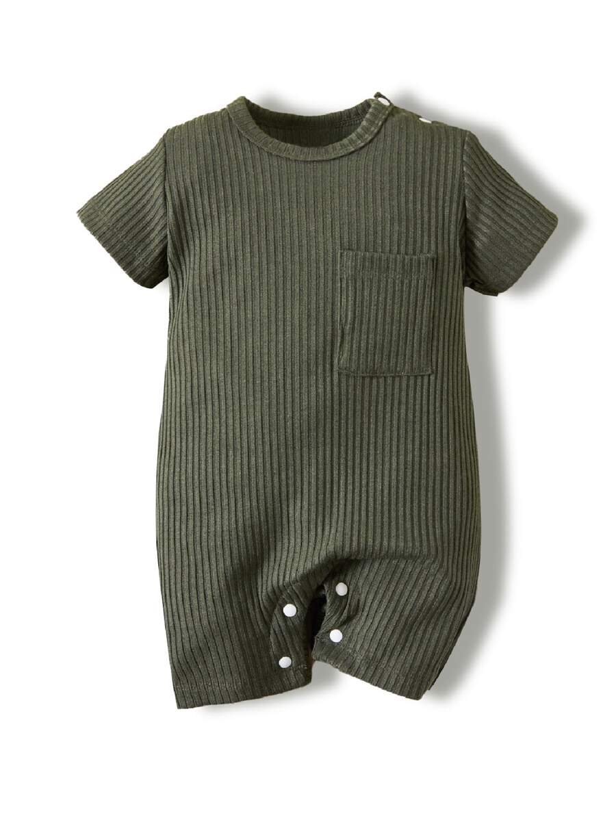 Bebé niño Mono con bolsillo delantero tejido de canalé - Verde Oscuro - Ver 1
