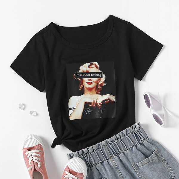 

Girls Figure & Slogan Graphic Tee, Black