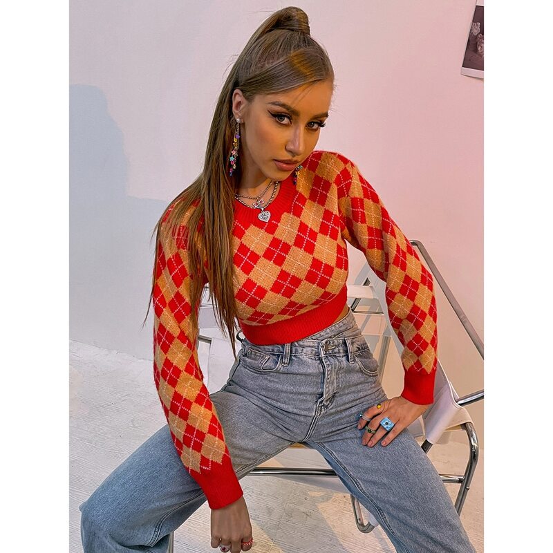 

Argyle Pattern Crop Sweater, Multicolor