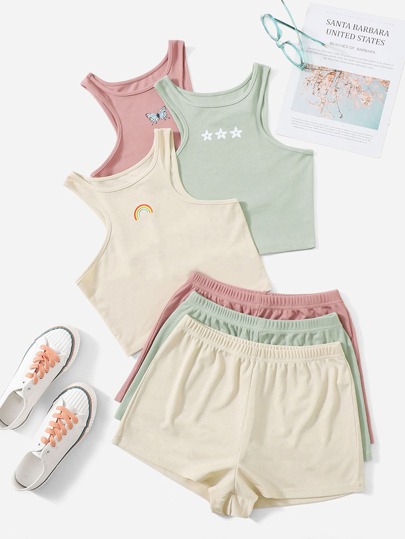3sets Graphic Lounge Tank Top & Shorts Outfit
