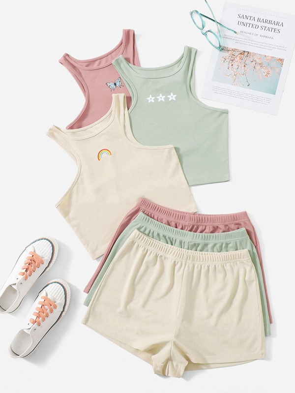 SHEIN 3套图案休闲背心和短裤套装