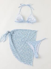 Bonvoyette 小碎花比基尼套裝三角形文胸和丁字褲下裝和罩衫半身裙3入組泳衣