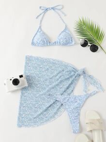 Bonvoyette 小碎花比基尼套裝三角形文胸和丁字褲下裝和罩衫半身裙3入組泳衣