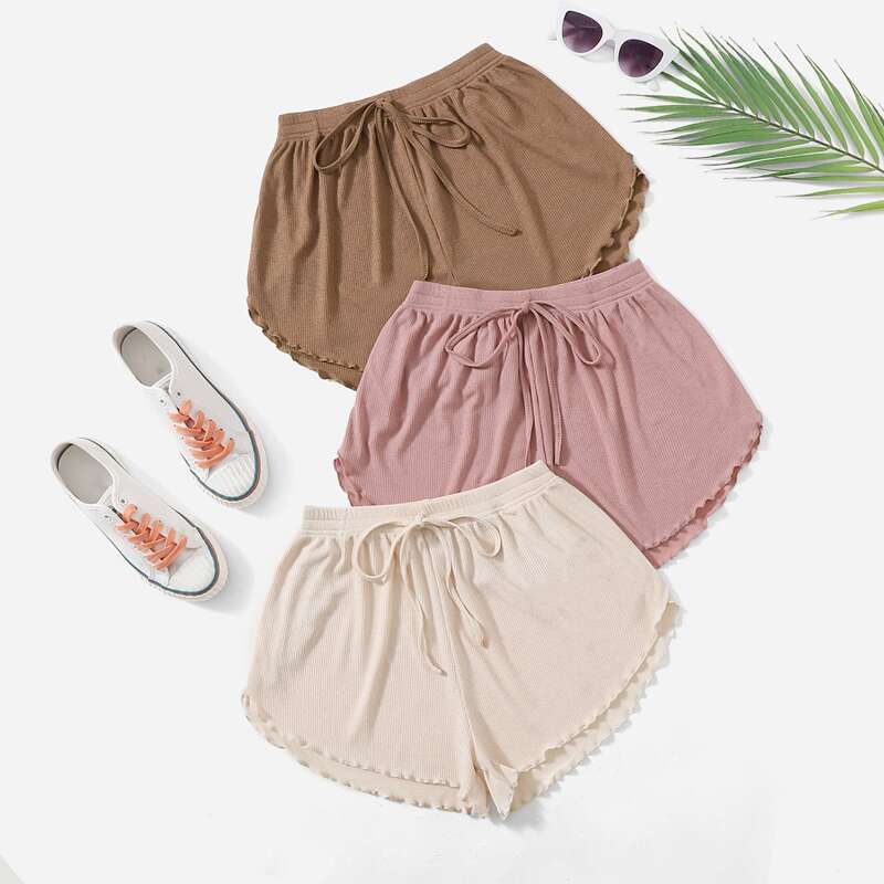 

3pcs Solid Tie Front Lettuce Trim Lounge Shorts, Multicolor