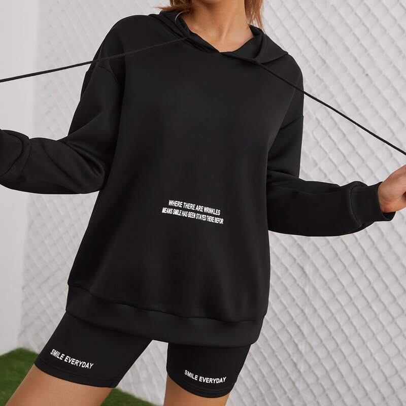 

Slogan Graphic Drop Shoulder Hooded Top & Biker Shorts, Black