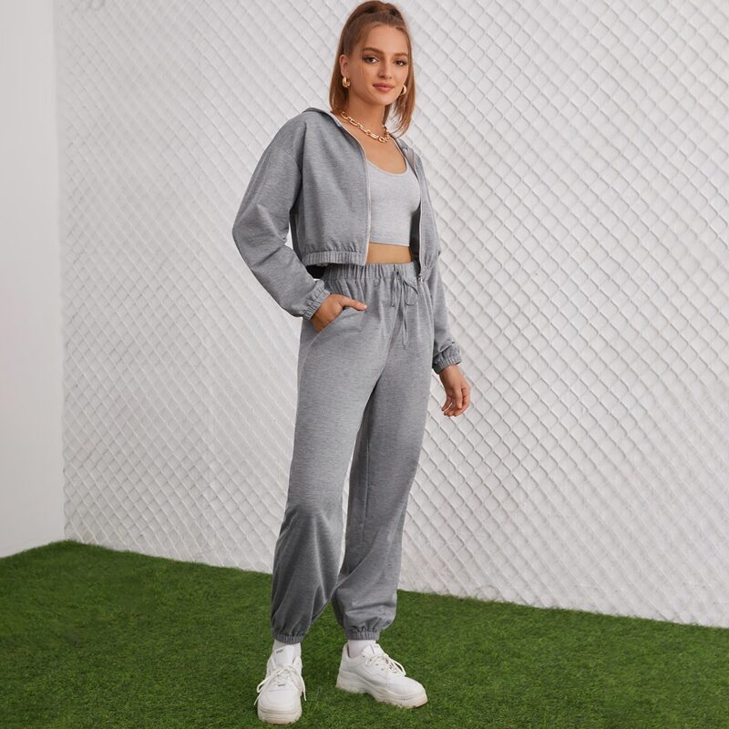 

Solid Drop Shoulder Zip Up Hoodie & Drawstring Waist Sweatpants, Grey