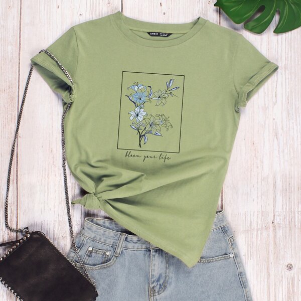 

Slogan And Floral Print Tee, Army green