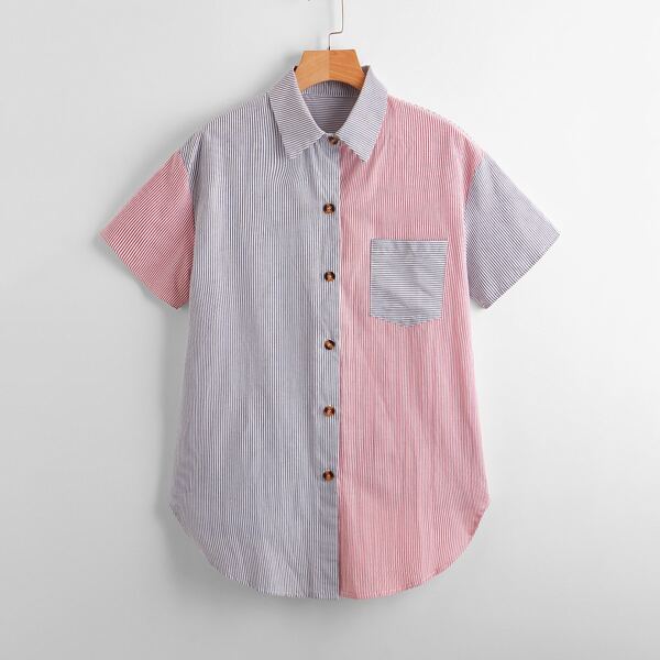 

Two Tone Striped Button Up Longline Blouse, Multicolor