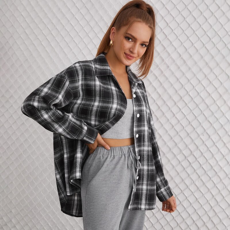

Plaid Print Drop Shoulder Blouse, Black and white