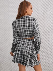 Tartan Plaid Button Front Crop Shirt - Black and White - View 2