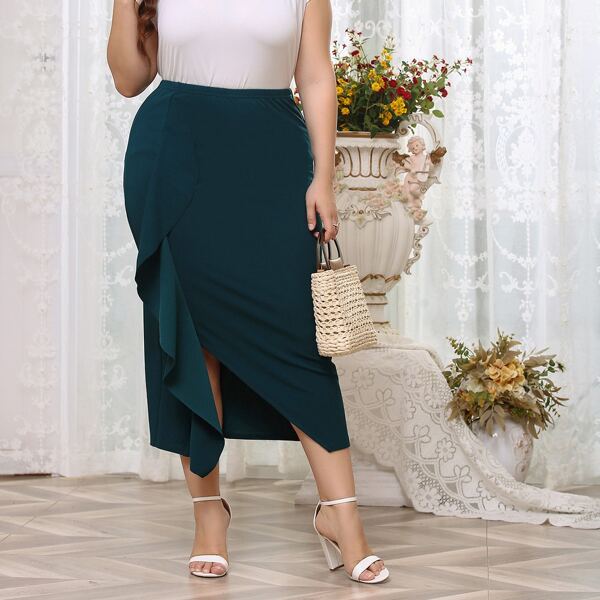 

Plus Ruffle Trim Split Hem Skirt, Teal blue