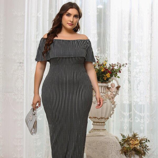 

Plus Off Shoulder Striped Print Split Hem Dress, Black and white
