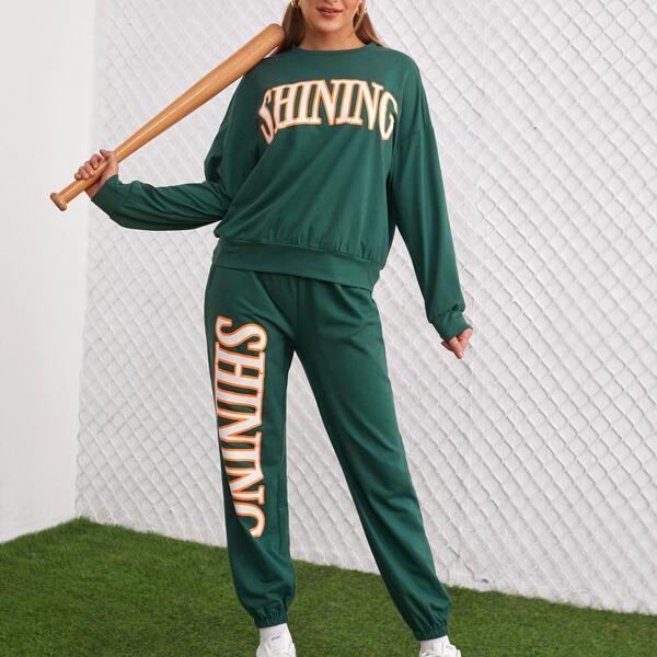 

Letter Graphic Drop Shoulder Top & Pants, Green